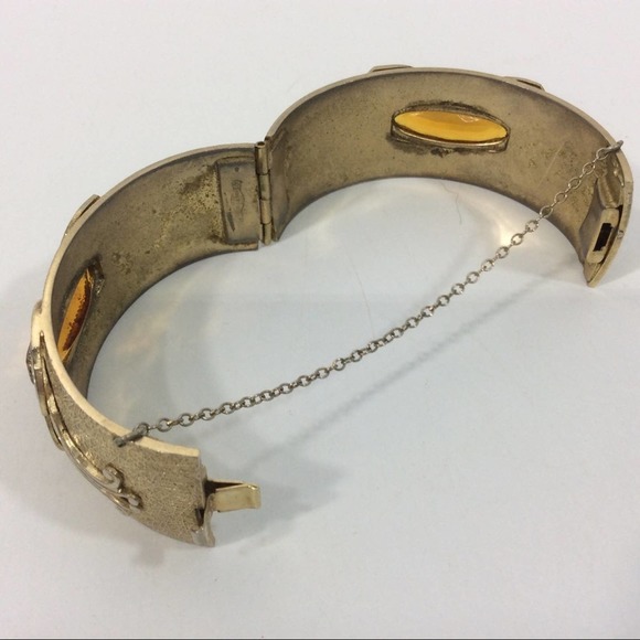 Vintage Whiting And Davis Bangle Bracelet Topaz Stones Safety Chain Art Nouveau - Picture 6 of 8